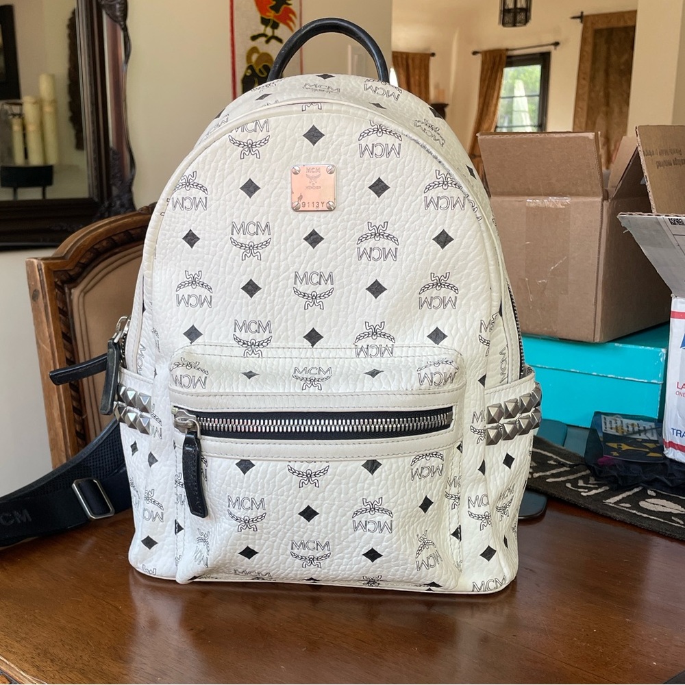 MCM White Monogram Studded Leather Backpack